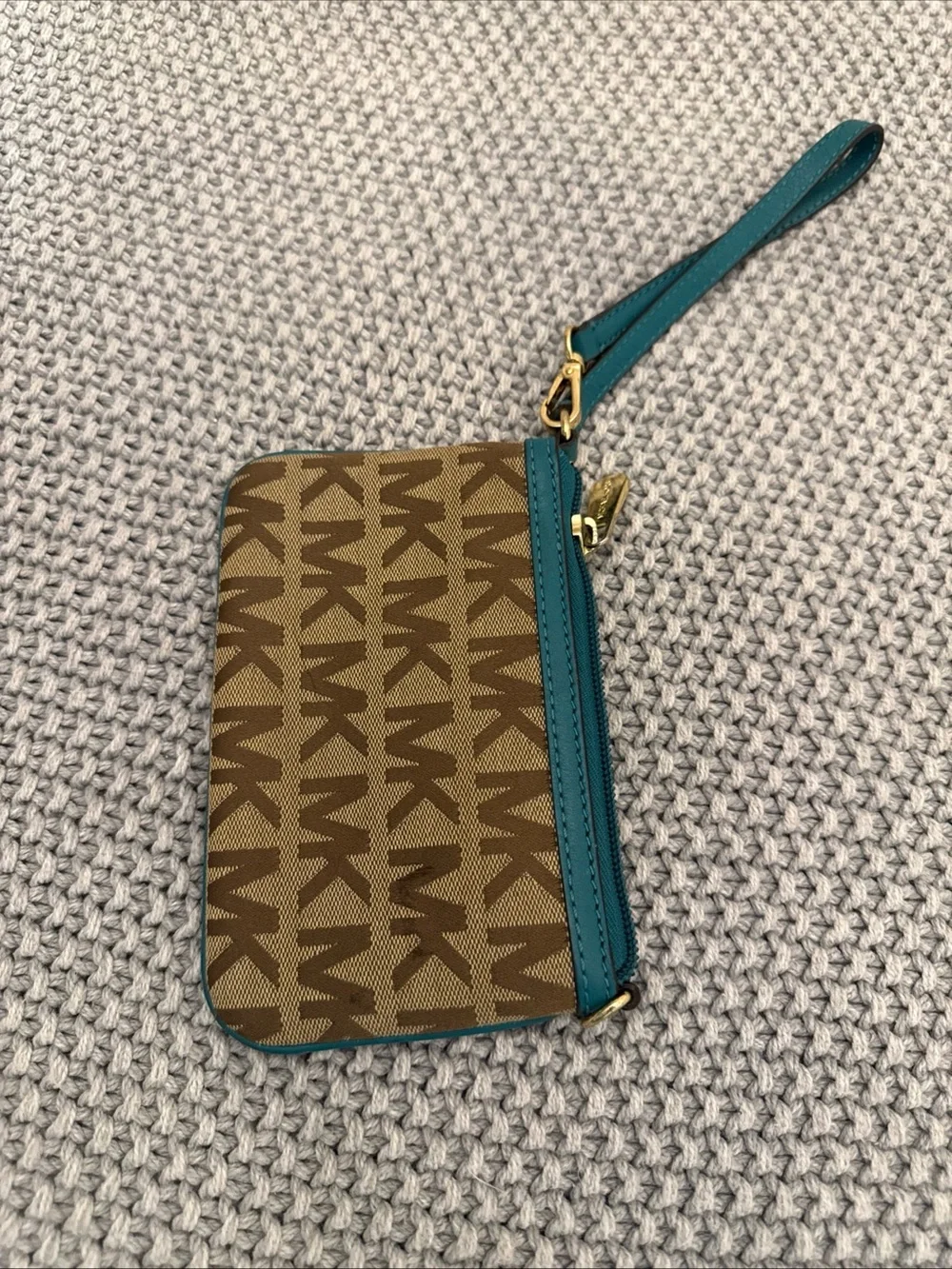 Michael Kors Brown Logo Wristlet with Teal Trim